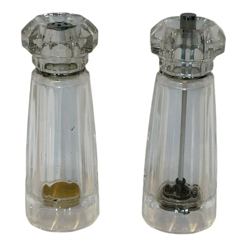 Vintage Mr Dudley Salt And Pepper Mill Set Clear Acrylic Lucite MCM 7”